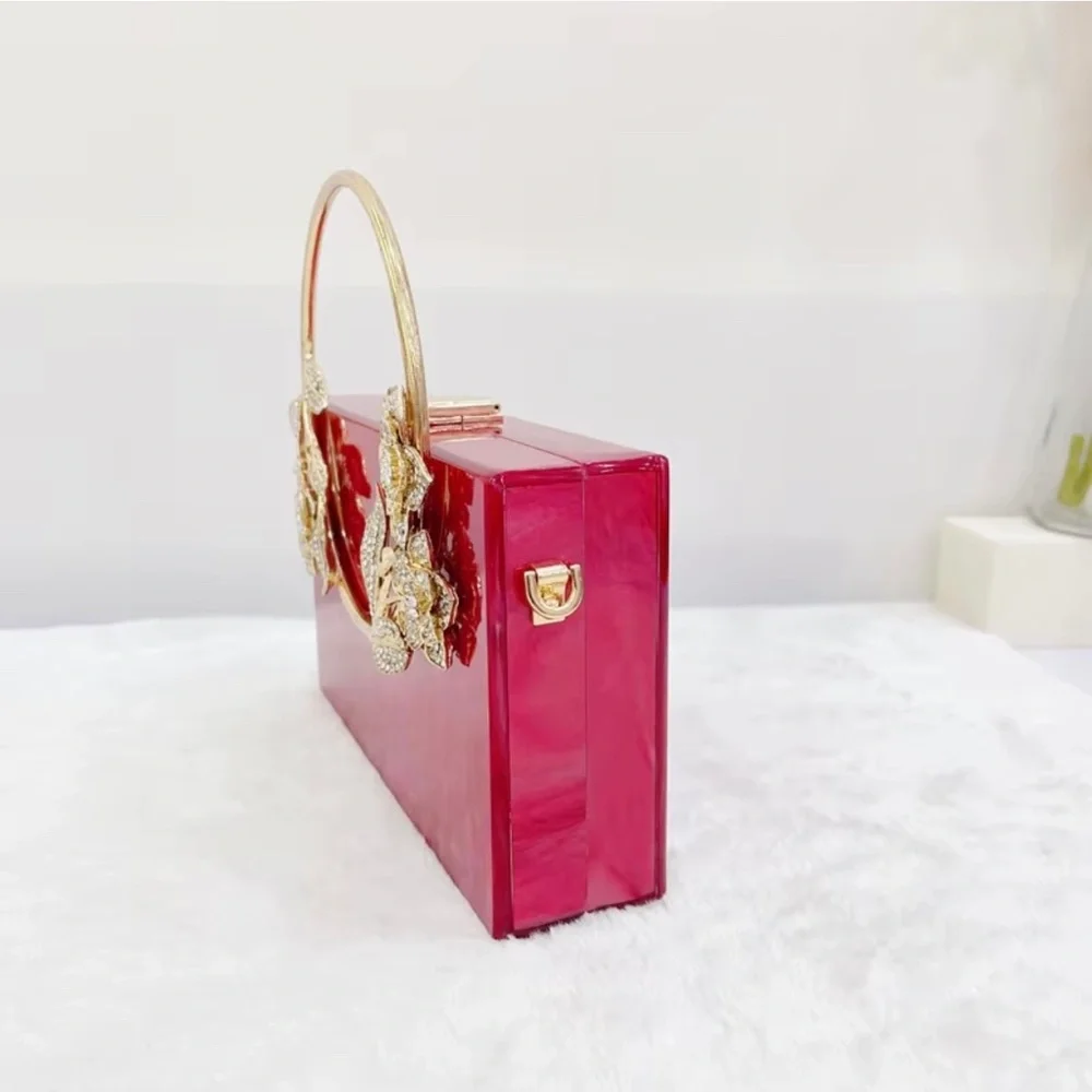 #B008 Red Acrylic Bold Elegance Marble Rhinestones Gold Floral Handle Clutch